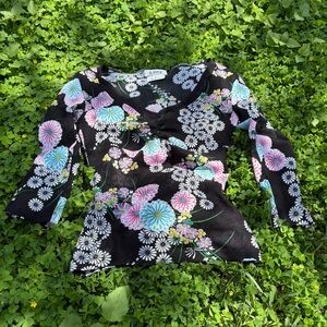 A. Byer Black Top with Pink and Blue Floral Design